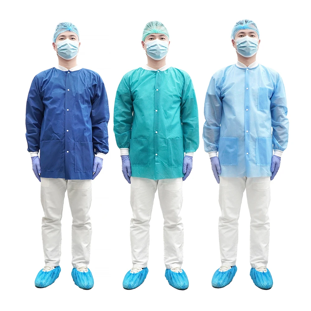 High Quality Wholesale Manufacturer Custom Blue Green PP SMS Disposable Medical Lab Coat for Men doctor hospital lab coat