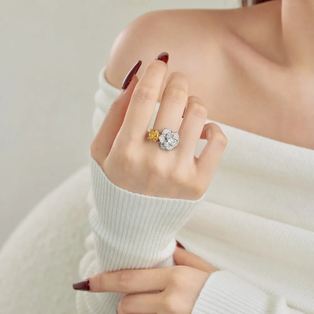 Dylam Dainty Design Square Cube Camellia Flower Shape 8A Crushed Iced Out Cut Cubic Zirconia Jewelry Rings for Women Daily Dress