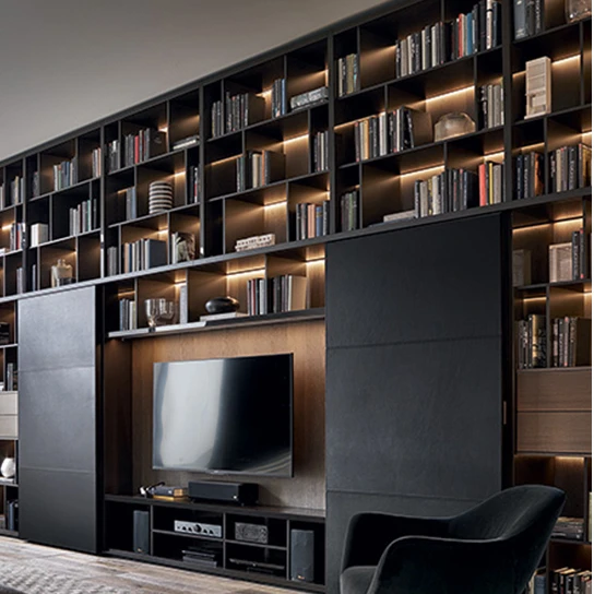 Luxury TV Cabinet Background Wall Bookcase MDF Living Room Storage Cabinet Sink PVC Door Finish Lacquer Acrylic Hinge Faucet