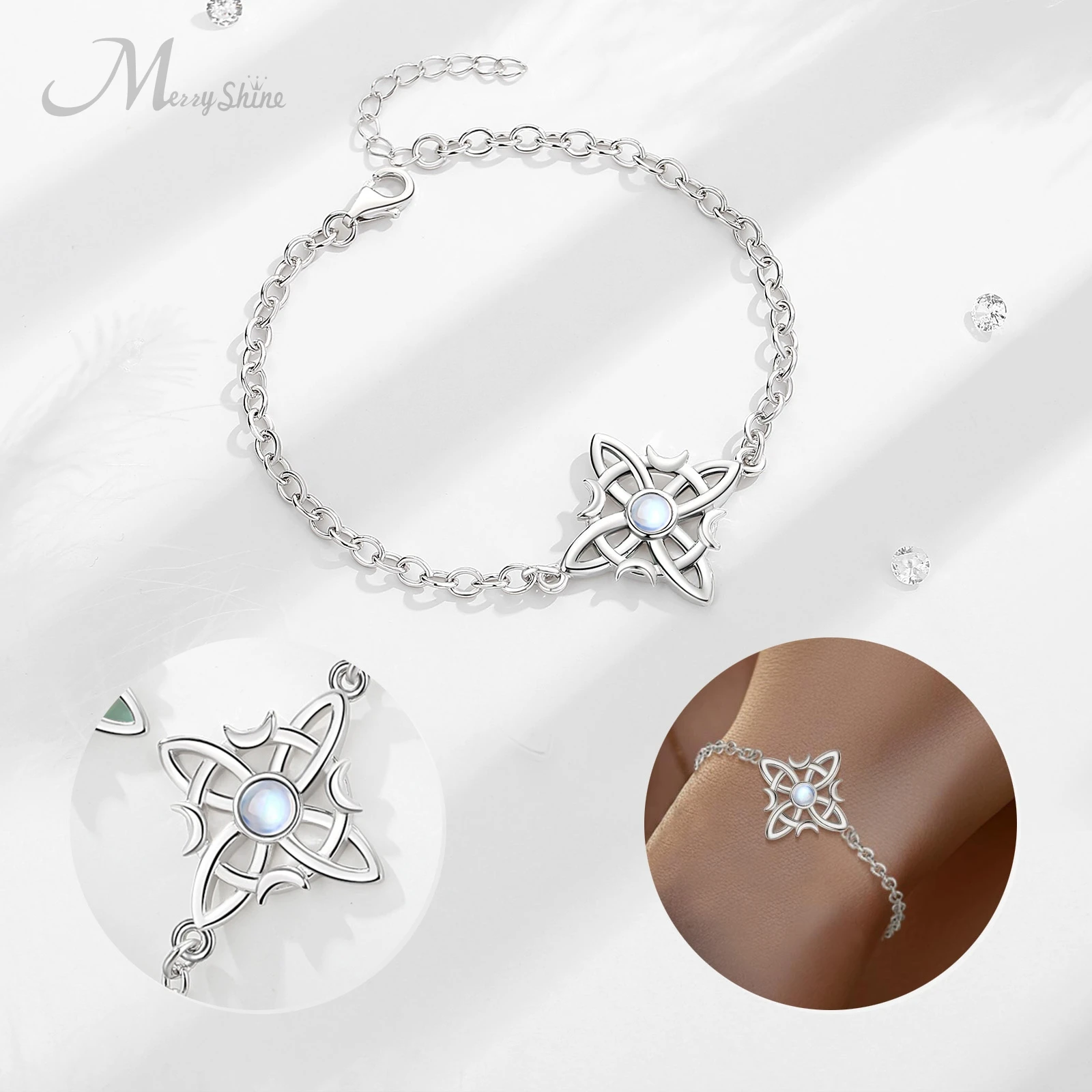 Merryshine 925 Sterling Silver good luck Irish jewelry moonstone witch knot bracelet for women