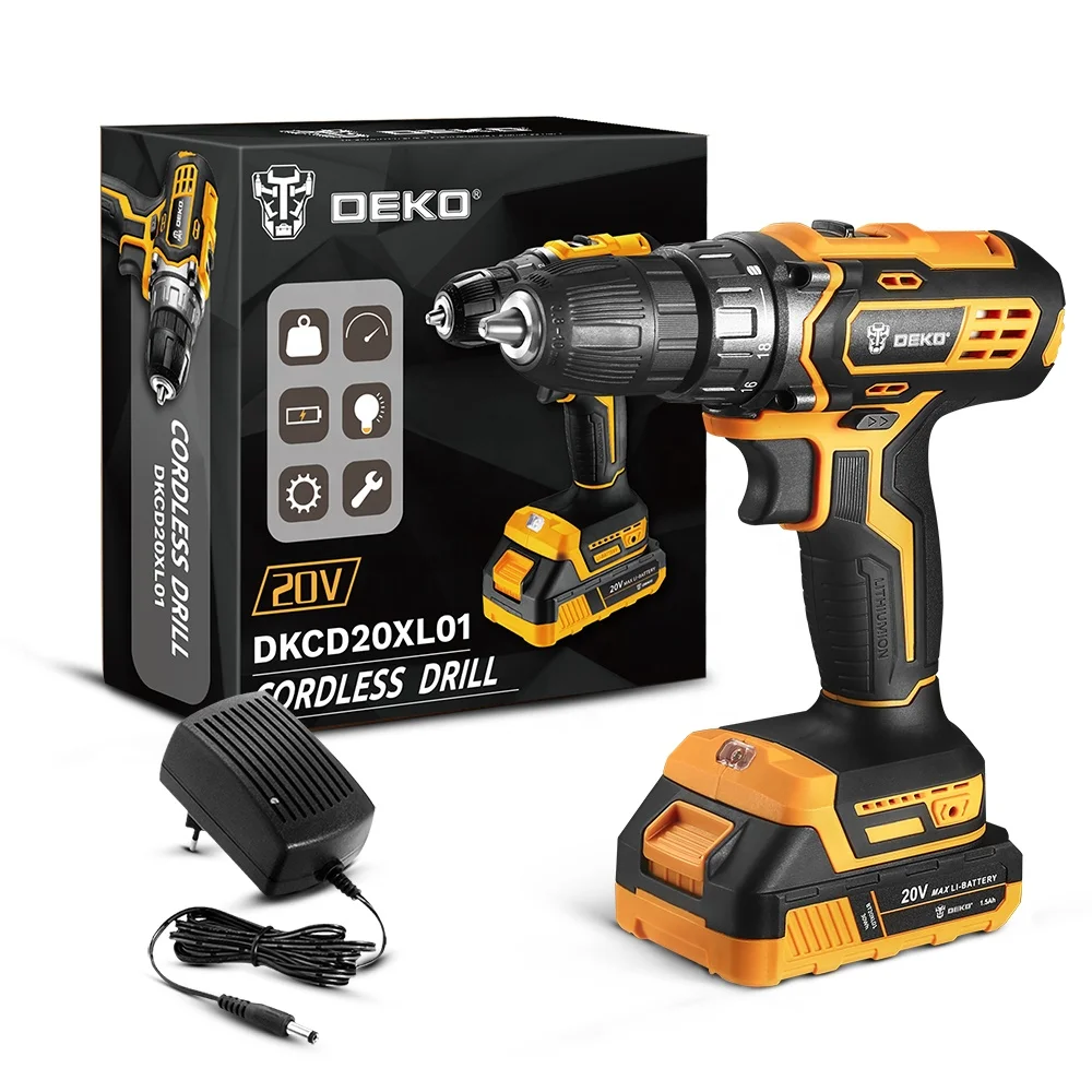 DEKO DKCD20XL01-H10 20V New Cordless Drill Screwdriver 18+1 Torque Setting 40N.m Keyless Chuck Drilling in Wood Power Drill
