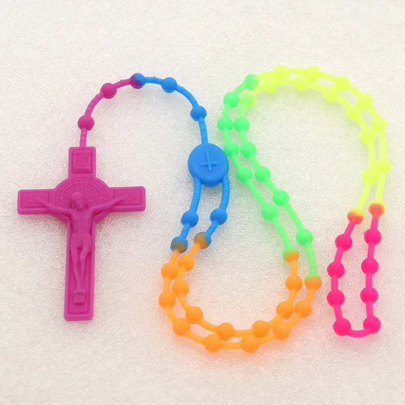 Silicone  Beads Rosary Cross Multicolor Cord Luminous Necklace