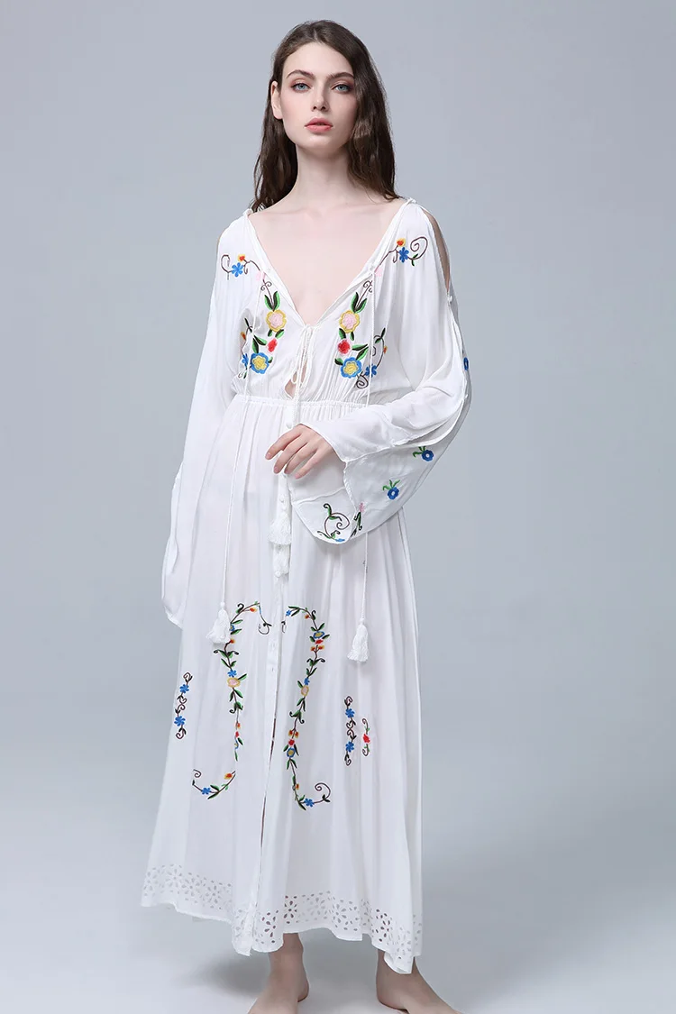 2022 Women's Floral Embroidery Loose Dress Long Sleeve Ruffles Chic Vintage Maxi Dress White Ethnic Party Elegant Dress Vest