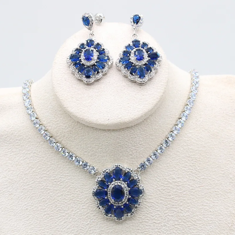 925 Silver Stamp Sapphire Blue Necklace Earring Set for Women Luxury Wedding Party Bridal Jewelry