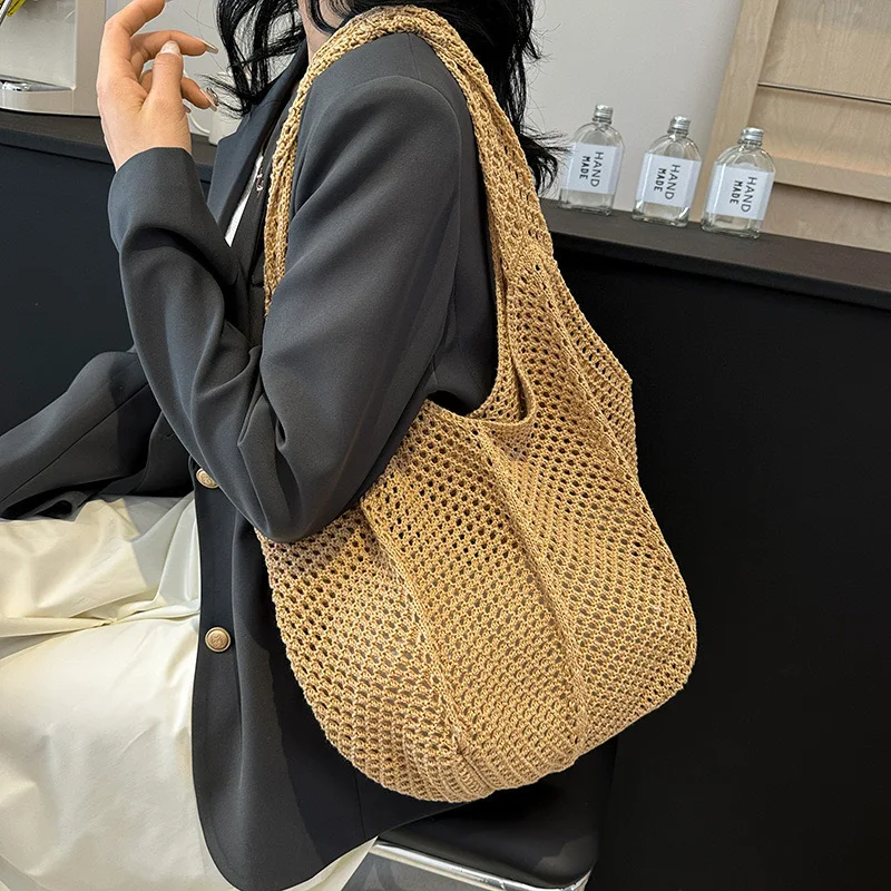 Woven Crochet Knitted Hand Tote Bag Multiple Colors Women Mesh Beach Bags Crochet Knitted Tote Bag