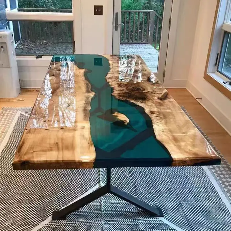 Home Furniture Factory Direct Solid Walnut Wood Restaurant Kitchen River Epoxy Resin Slab Dining Table