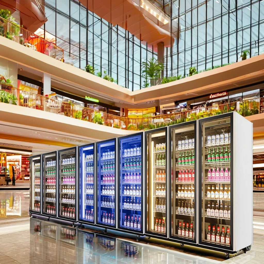 Supermarket shopping mall black and white full screen glass door upright beverage display refrigerator wine display chiller