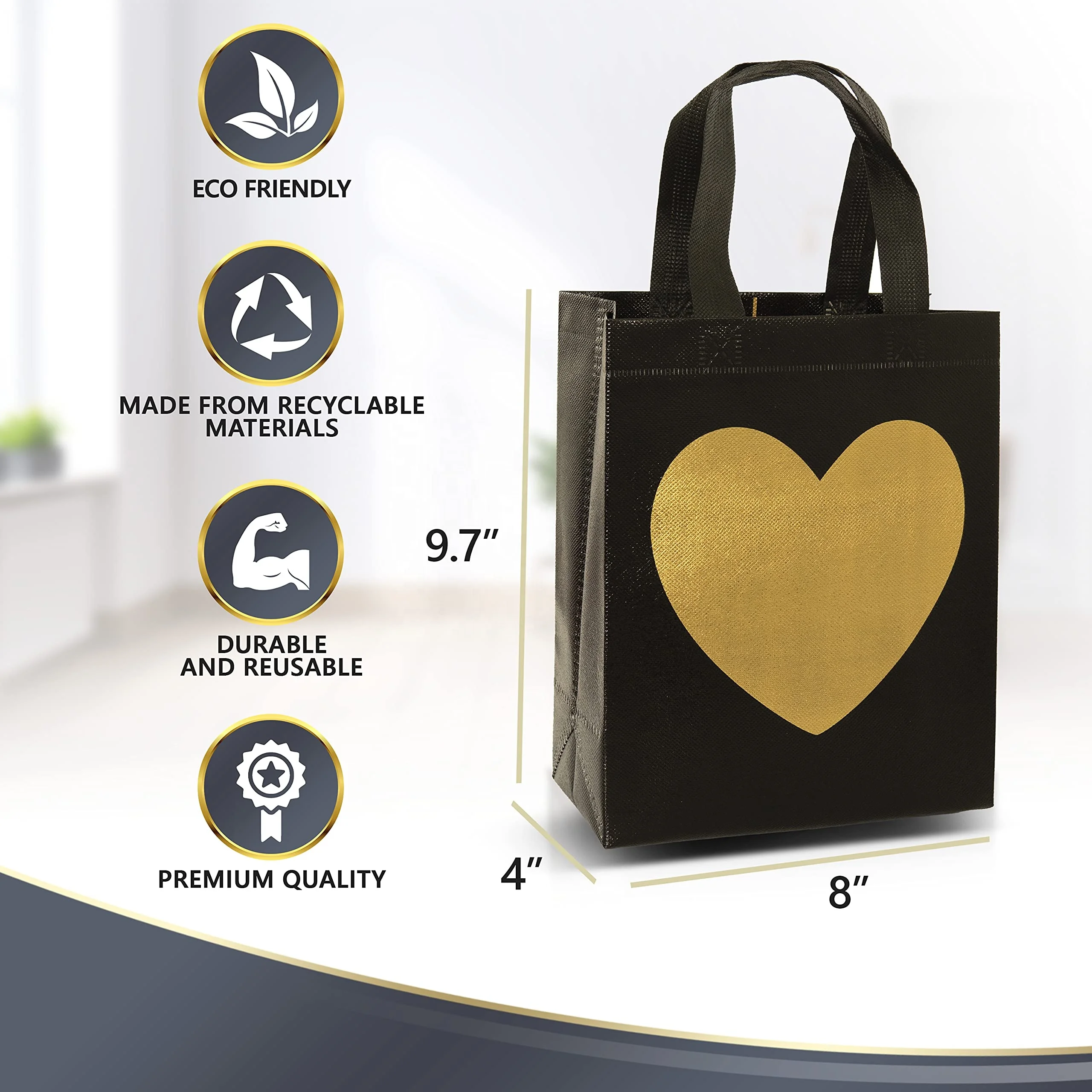 Christmas Party Medium Size Red Green Black Eco-friendly Gift Glossy Finish Reusable Non Woven Pp Bag With Shiny Gold Heart