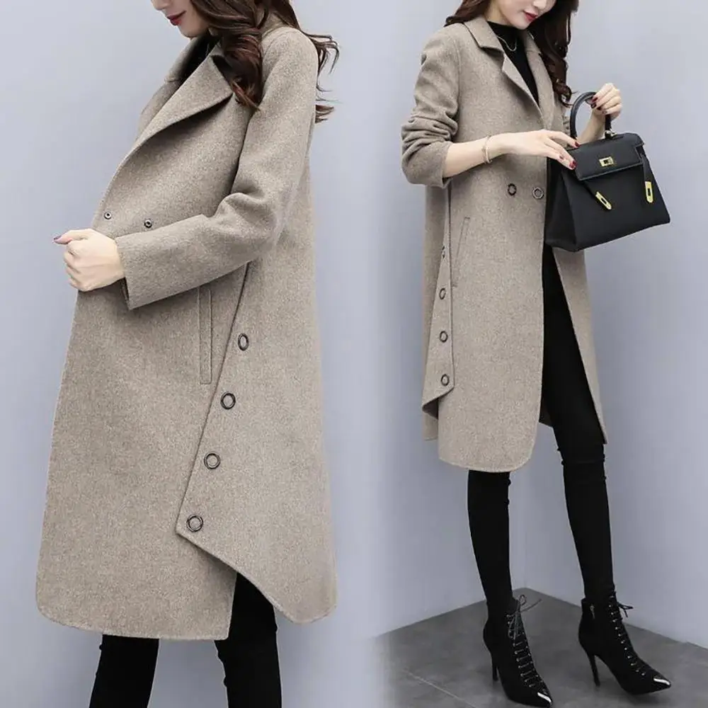 
Custom Office Lady Women Long Winter Wool Blend Coat Slim Solid Wool Coat And Jacket Double Breasted Outerwear 