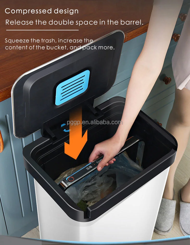 50L Hot sale kitchen garbage compactor bin Stainless Steel 13 gallon compressing trash can with pedal