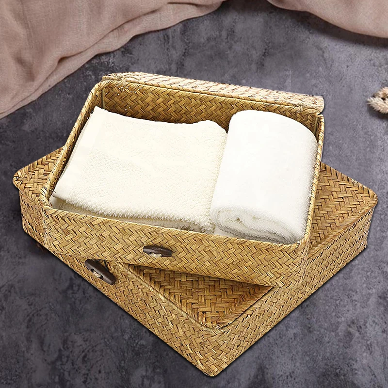 Woven wicker storage box multifunctional home storage box with cover, suitable for storing woven baskets on shelves