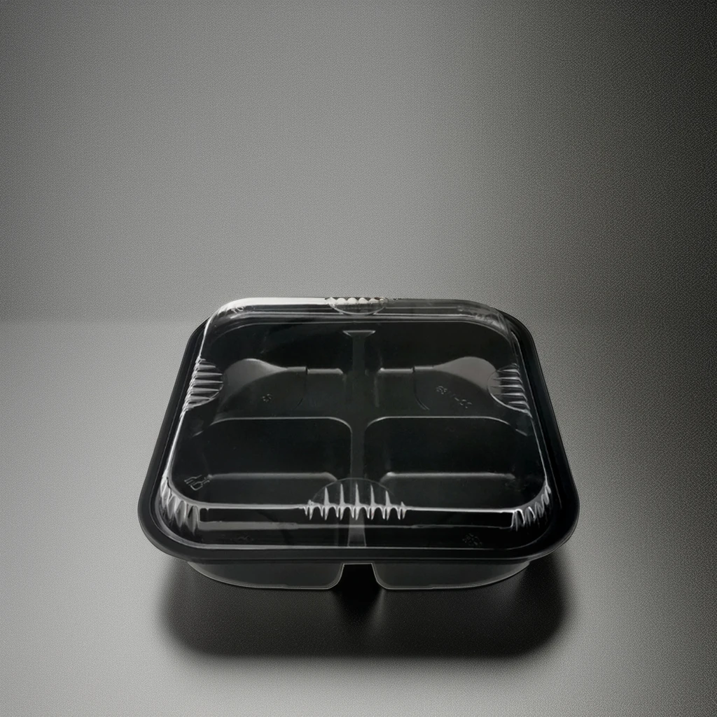 PET 4 Compartments Recyclable Food Container Clear Plastic Fruit Tray with Lid for Salad Packaging