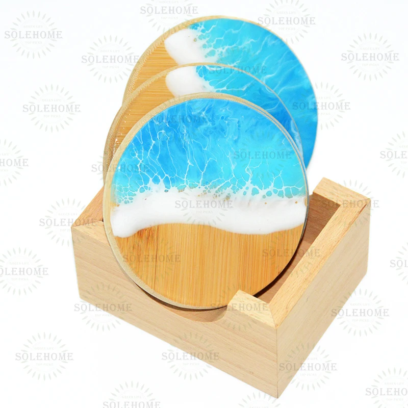 Exquisite Engraved Ocean Style Resin Bamboo Wood Coasters for Beach Wedding Favors Personalized Gifts for Guests