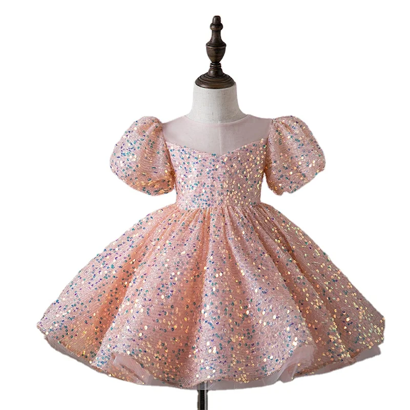 Hot Sales Summer Pink Sequin Flower Girl Dress Cotton Polyester Evening Princess Dress For Girl