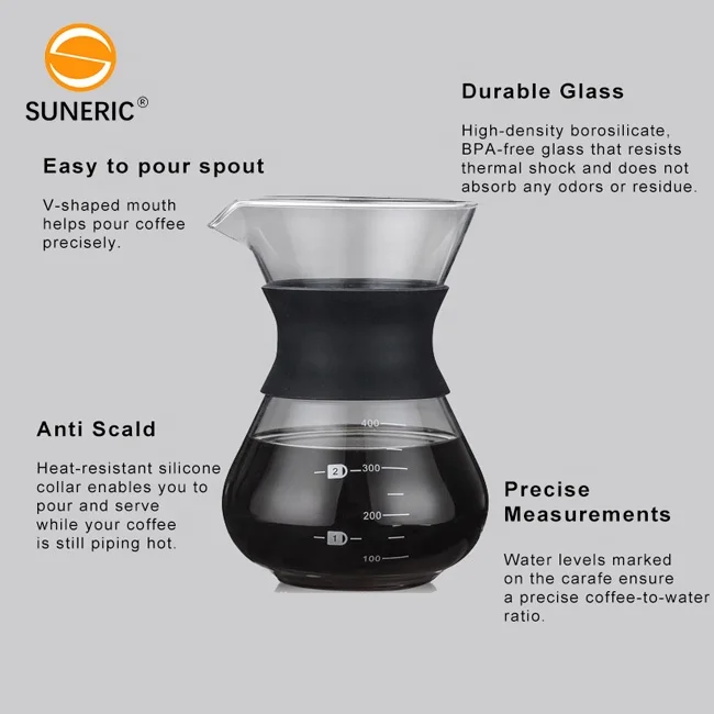 Reusable Heat Resistant Glass Pour Over Coffee Dripper Set Brewing Server Pot Stainless Steel Coffee Filter