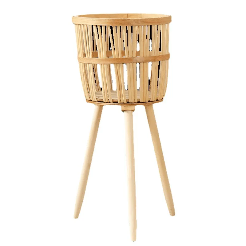 Natural Wood Wicker Plant Basket Stand Set Bamboo Rattan Flower Pots & Planter Stand with Leg Support