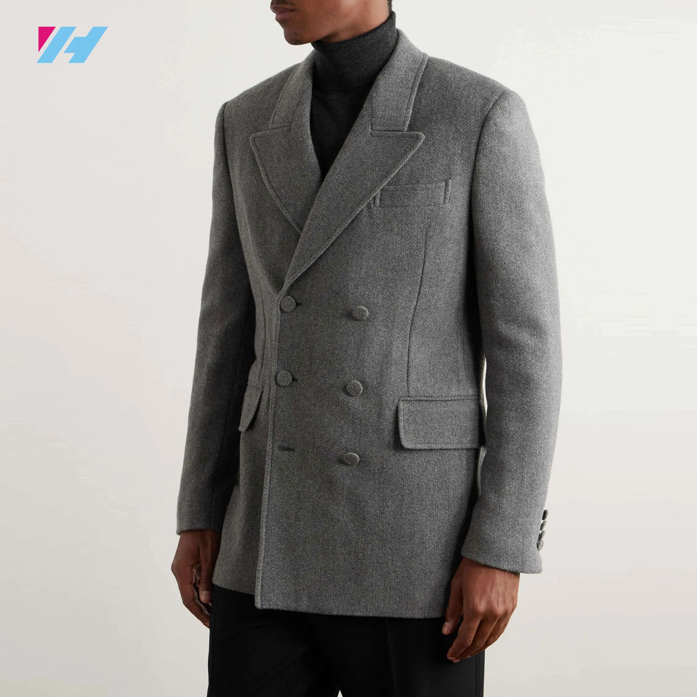 Custom Grey Double Breasted Virgin Wool And Cashmere Blend Suit Jacket