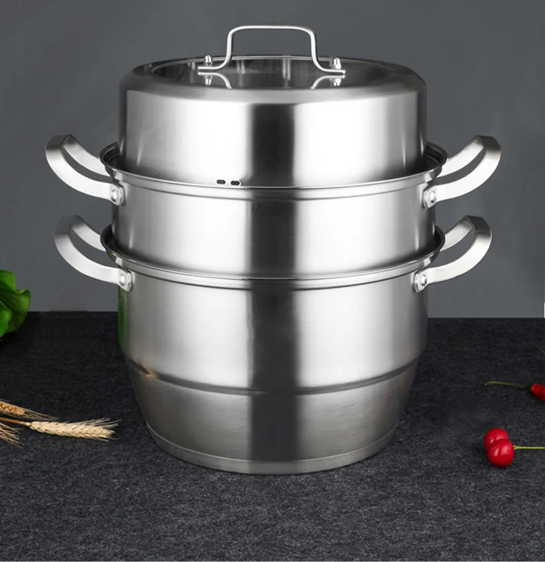 High Quality 3-Layer Stainless Steel Steamer Pot with Glass Lid Dual Purpose Kitchen Cooking and Couscous Pot for Home Use