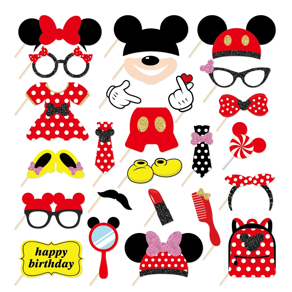PZ199-200 25 PCS Mickey Mouse Theme Party Funny Photo Props Custom DIY Photo Booth Prop Kids Birthday Decoration Party Supplies