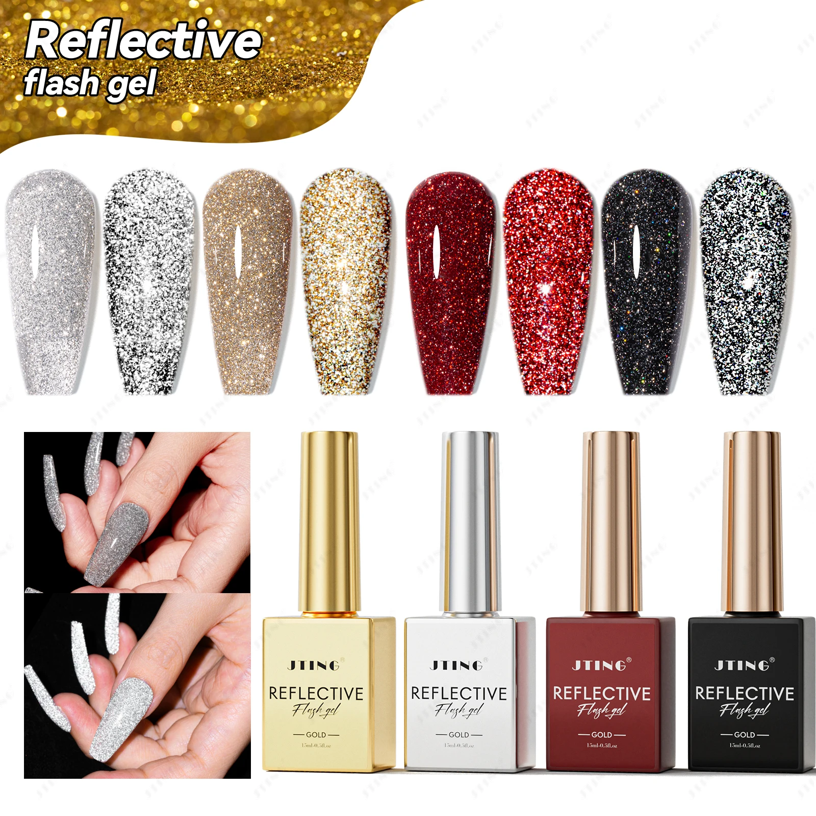 JTING Black Red Gold Silver Reflective flash gel polish Classic 4Colors disco reflective gel nail polish unique bottle design