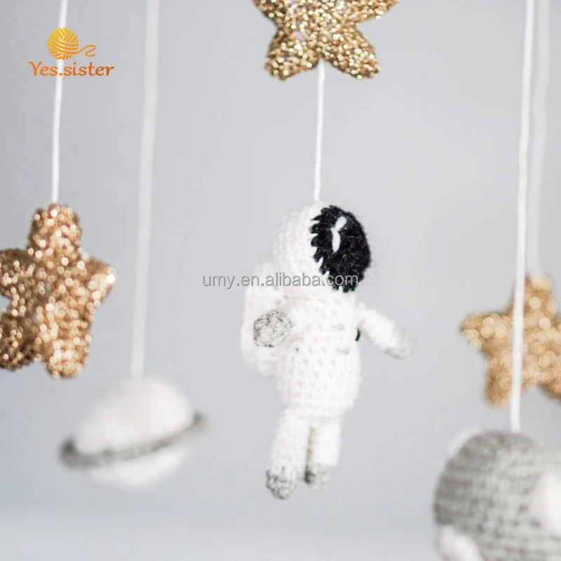 Wooden Crochet Astronaut Toy Crib Space Baby Shower Gift Handmade New Cot Mobile