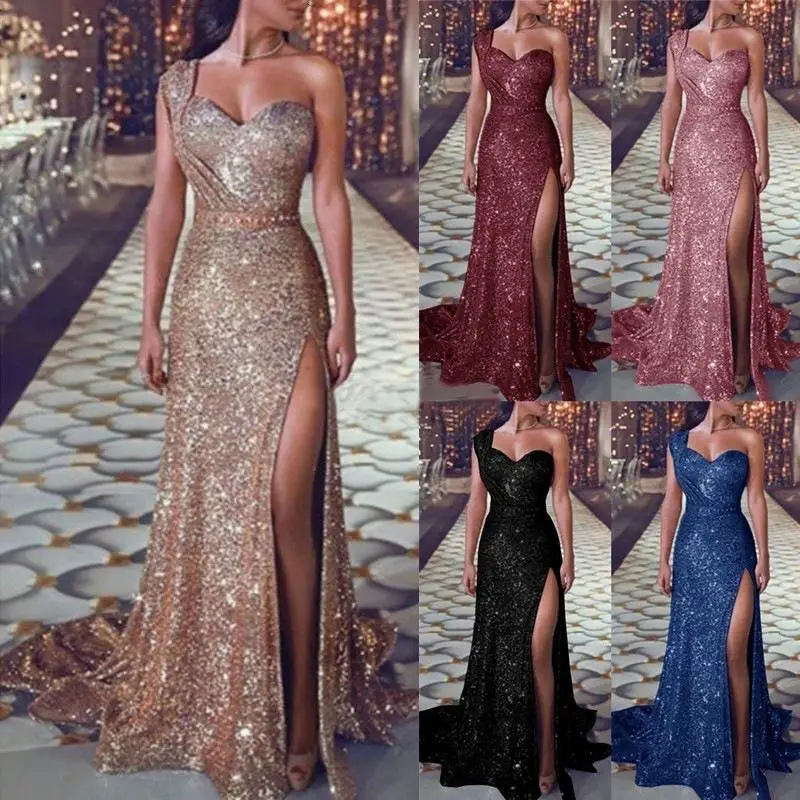 One Shoulder Crystal Gilding Women Evening Dresses Plus Size Party Dresses Women Elegant Maxi Long Dress For Luxury Parties