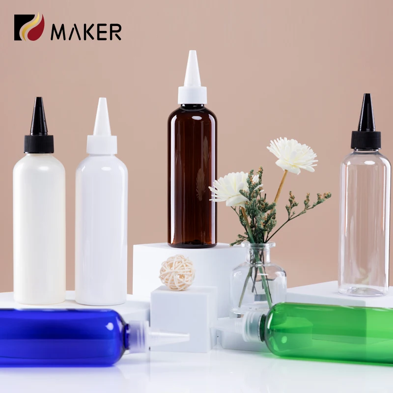 Plastic Hair Oil Squeeze Applicator Packaging Tip Bottle Empty Clear PET Cosmetic Lotion Dispenser Bottle With Twist Top Cap