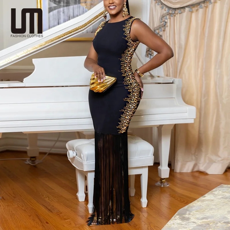 Liu Ming 2025 New Product Elegant Women Sleeveless Rhinestone Crystal Tassel Decoration Evening Long Dress