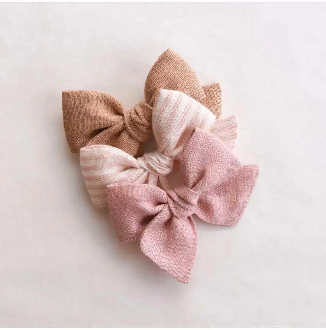 Бант для волос на заказ для маленьких девочек, детские заколки для волос, розовый льняной бант для волос