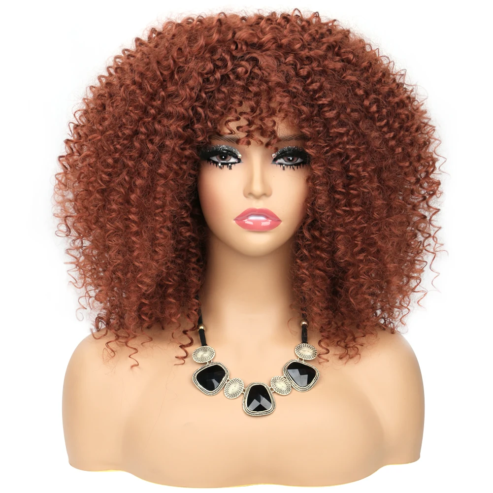 Short Curly Afro Wig with Bangs for Black Women 16 Inch Kinky Curly Hair Wig Afro Synthetic Full Lace Glueless Curly Wigs