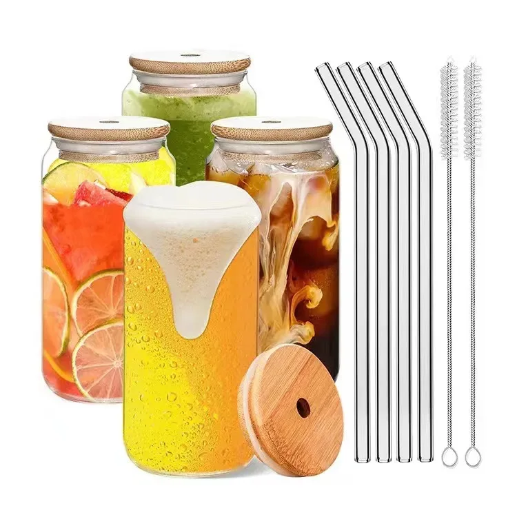 2024 Hot Borosilicate Glass Juice Cola Cup 16oz classic with straw bamboo lid beer glass mug for party wedding