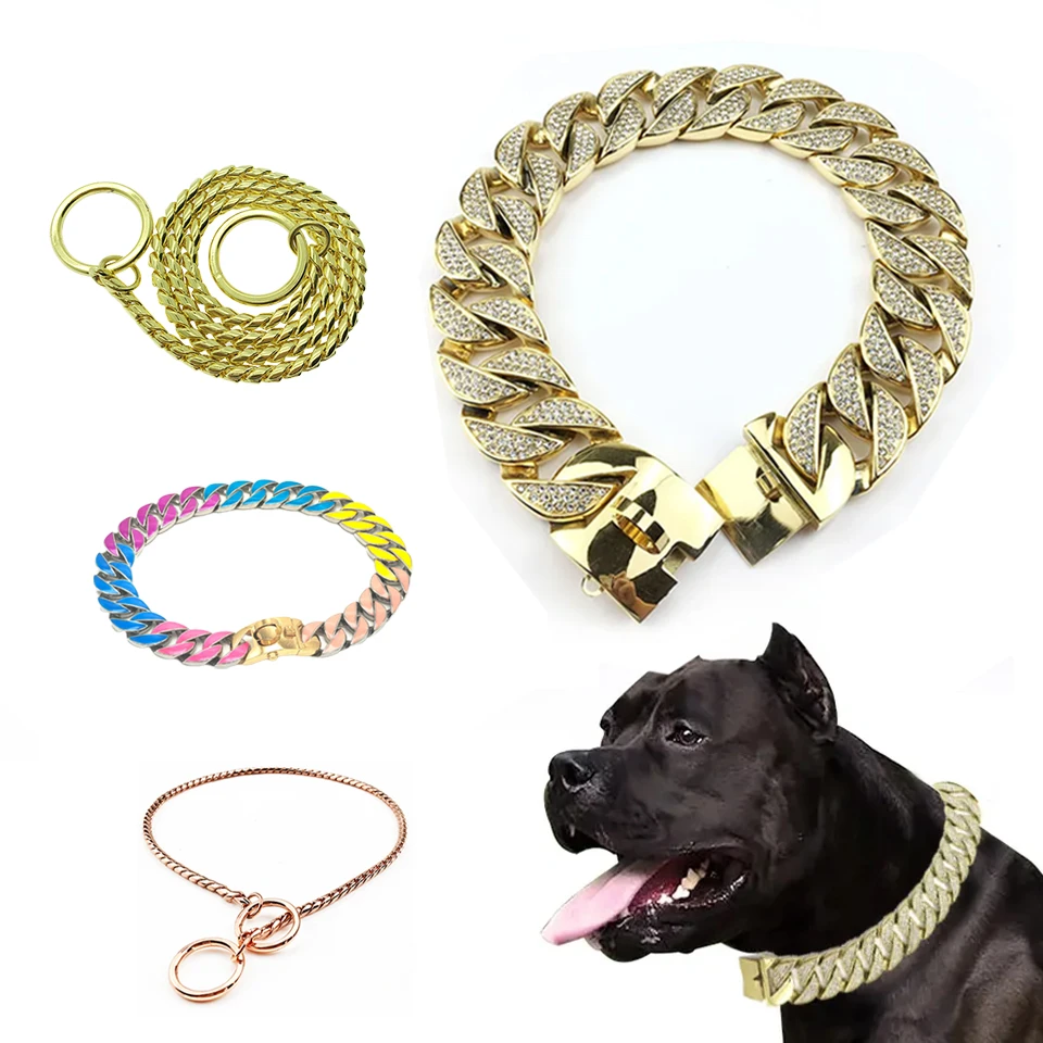 Luxury  Heavy Duty Stainless Steel Chunky Dog Cuban Chain Plated Diamond Pet Dog Chain Collar And Leashes