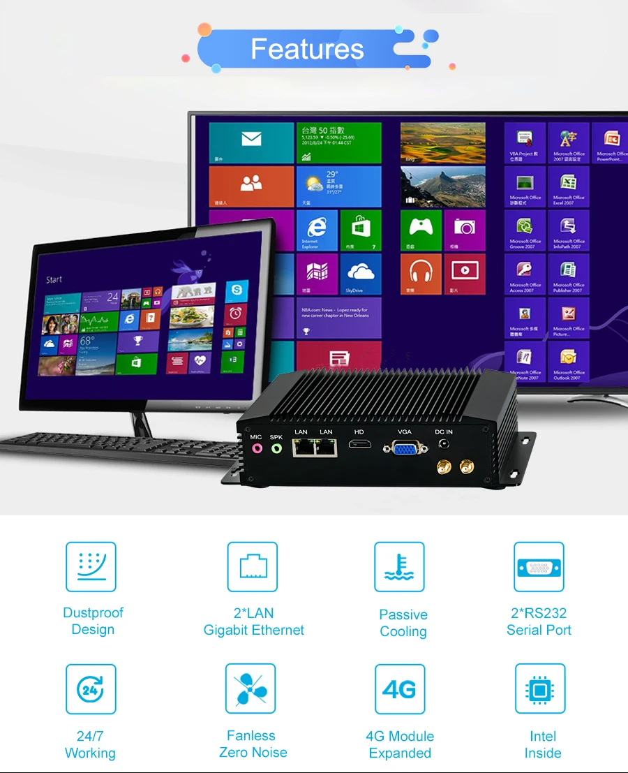 4GB DDR3L J1900 industrial pc RAM DC 12V 6COM fanless case Dual LAN support ACPI mini industrial pc