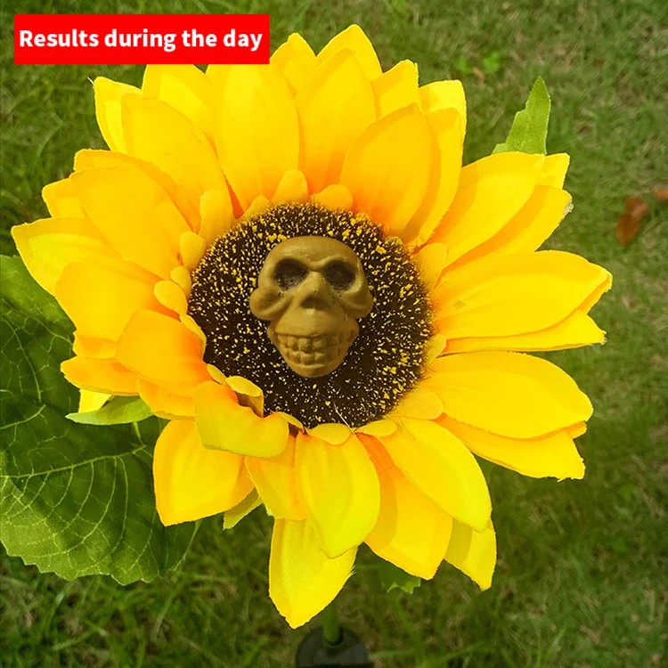 New Creative Design Led Light Halloween Party Props Decor Skull Head with Simulation Sunflower Solar Garden Pathway Light