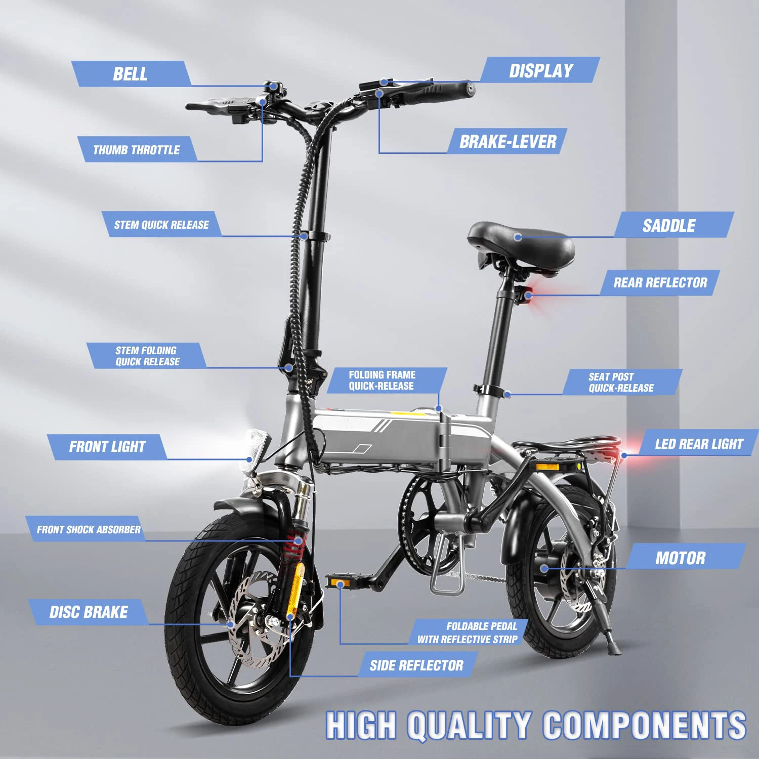 Pedal assist ebike customized 14 inch electronic folding bikes for Cycling tours 250w PAS E-Bike