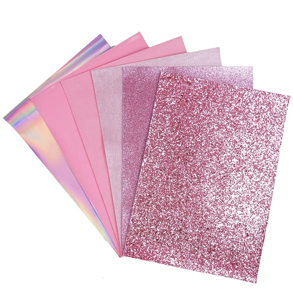 6pcs/set pink holographic chunky fine glitter vegan Faux Leather set A4 Sheets For DIY Bows Girl