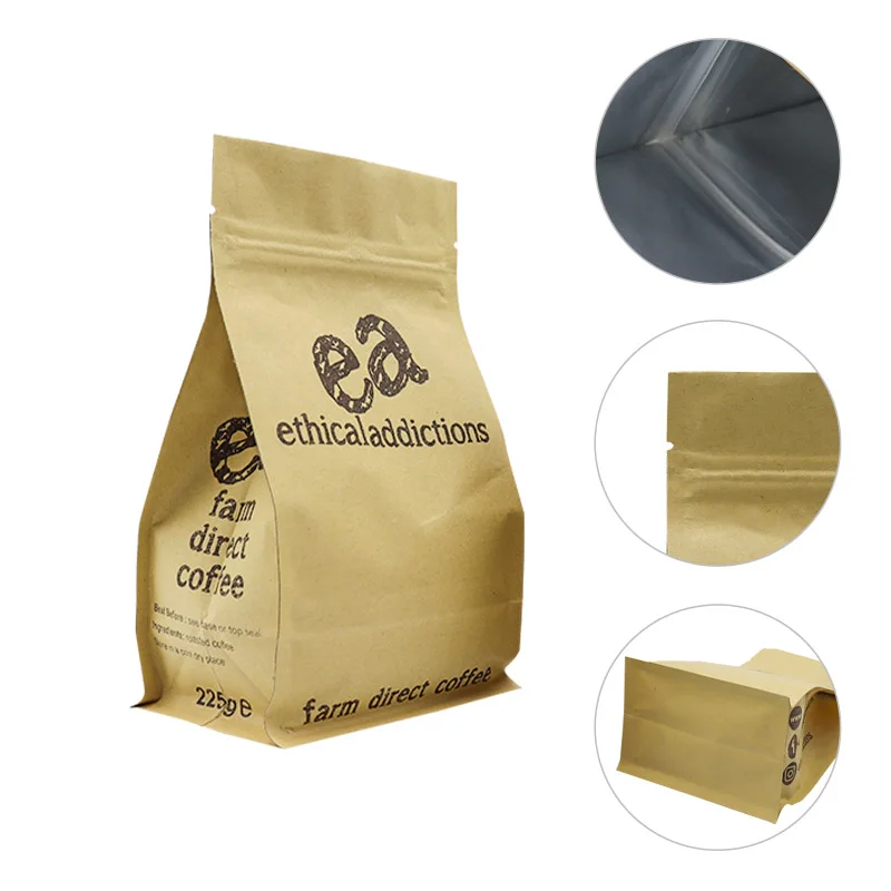 250g 500g 1kg stand up kraft paper flat bottom aluminum coffee gusset side bag package with valve and zipper