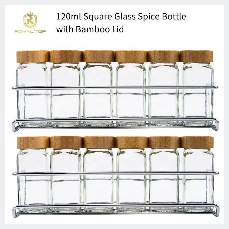 Kitchen Organizer BPA Free Storage Container Salt Shaker Pepper Chili Seasoning Square Bottles Glass Spice Jar Set With Shelf