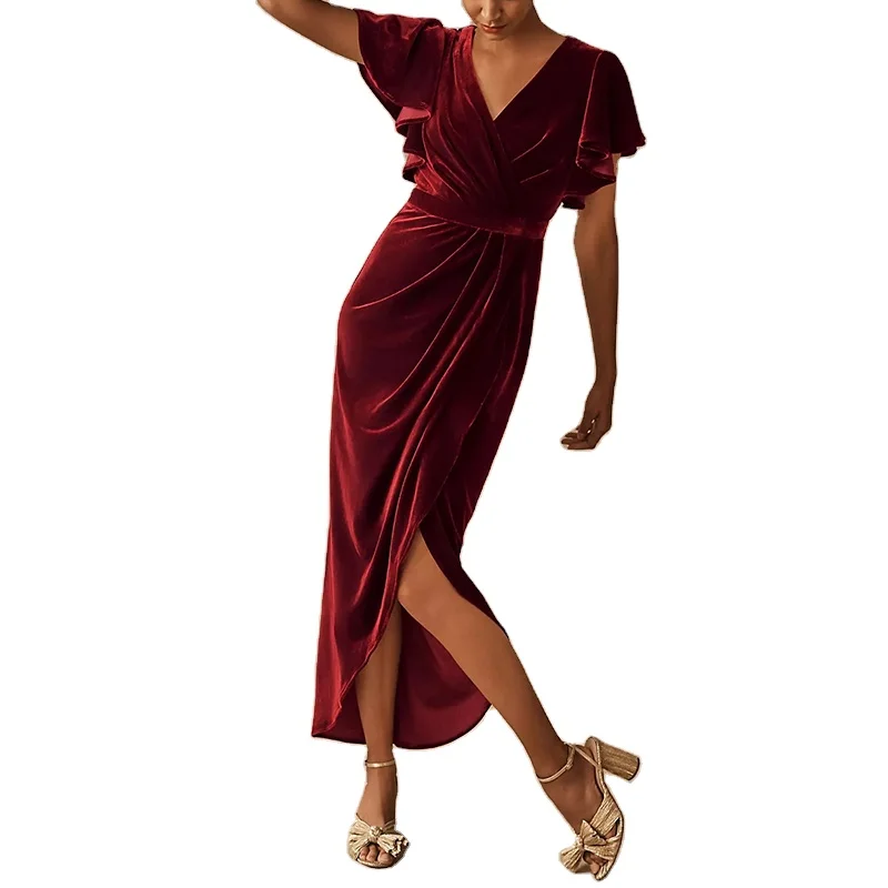 Manufacturer hot sales Lady velvet midi dress A-line v-neck drape sleeves flattering wrap silhouette lined poly solid color soft