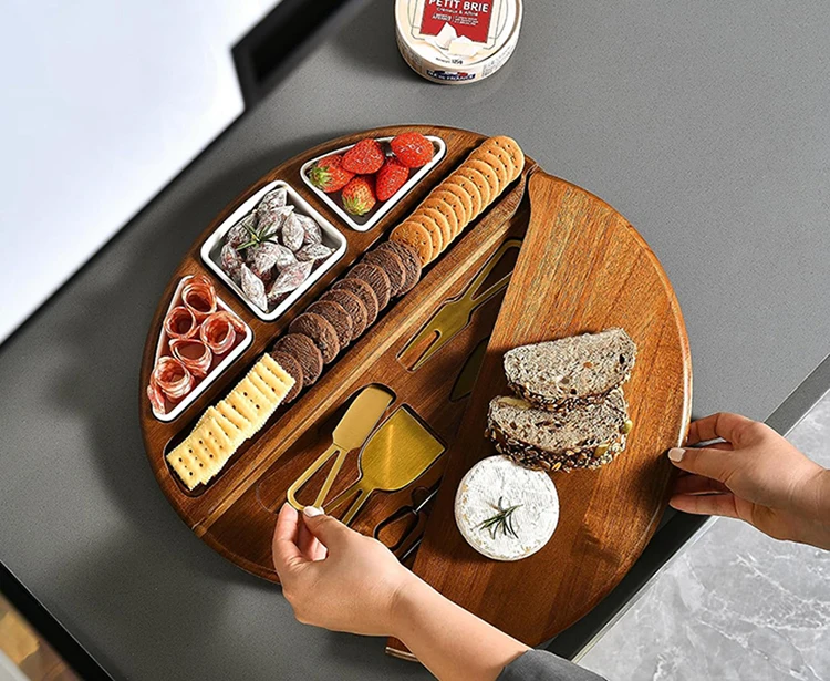 Bamboo Cheese Board and Knife Set Deluxe Acacia Wood Cheese Charcuterie Board with Cheese Tool Knife Accessories