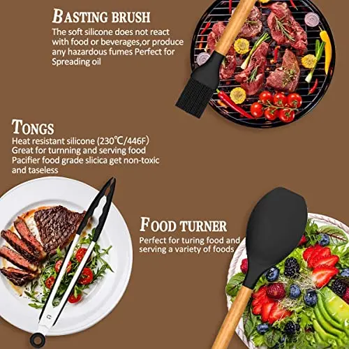 33pcs Nonstick Baking Tool drip pad tong soup spoon ladle pasta patula turner brush Silicone Wood Handle Kitchen Utensils Set