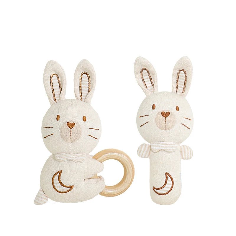 Handmade Organic Cotton Baby Teethers Amigurumi Animal Rattle Newborn Shower Gift Classic Wooden Ring Toy