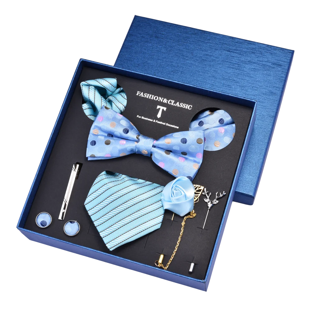 Custom Mens Necktie Bowtie Pocket Square Lapel Pin Cufflinks Tie clip Sets Wedding Tie with Gift Box Set 8pcs Silk Tie Set