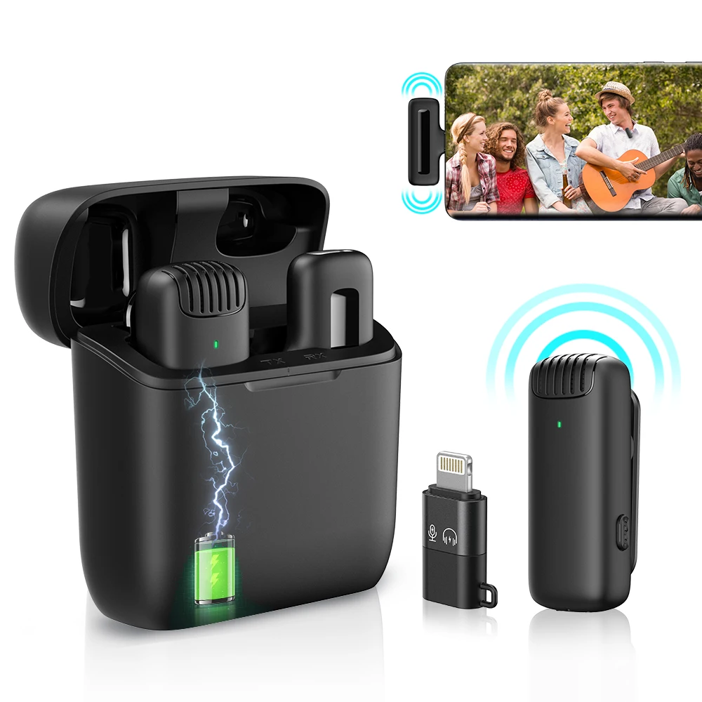 Wireless Lapel Lavalier Microphone Noise Reduction Live Interview Mobile Phone Recording Mic for iPhone Type C with Charging Box