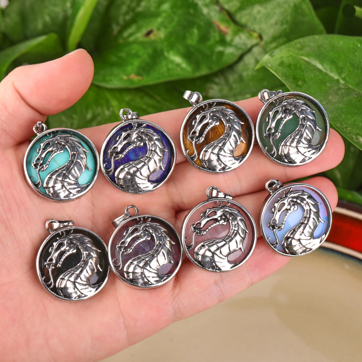 Natural Gemstone Coin Bead Dragon Pendant Crafts Necklace Men Charm Supplies Wholesale