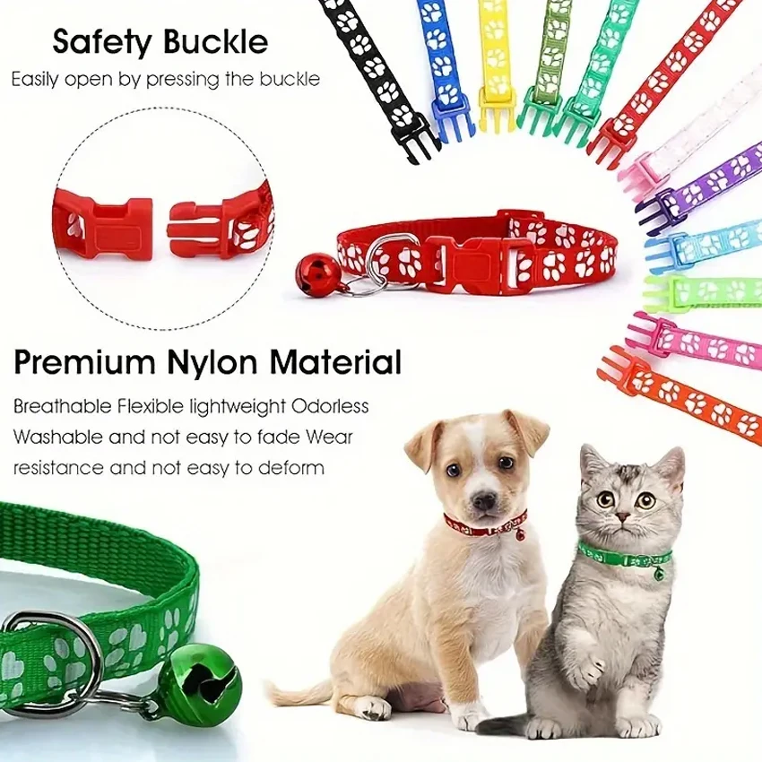 Adjustable Durable Nylon Dog Collars with Bell Quick Release Buckles Pet Breakaway Design Paw Pattern for Dogs