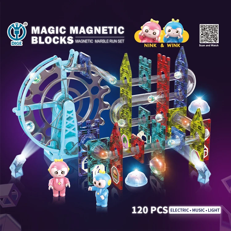 120PCS Electric Transparent Magnetic Tiles Building Blocks Set Magnet Marble Run Toys With Light And Music Race Ball Track Toys