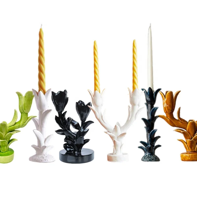 Custom green tulip candelabra ceramic black magnolia pillar candle stand porcelain white floral taper candlestick holder