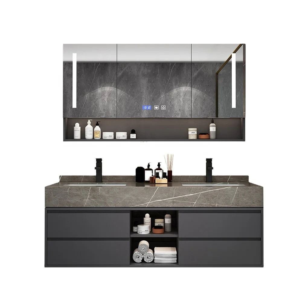 luxurious bathroom furniture vanity wash basin  LED mirror cabinet bathroom cabinet set