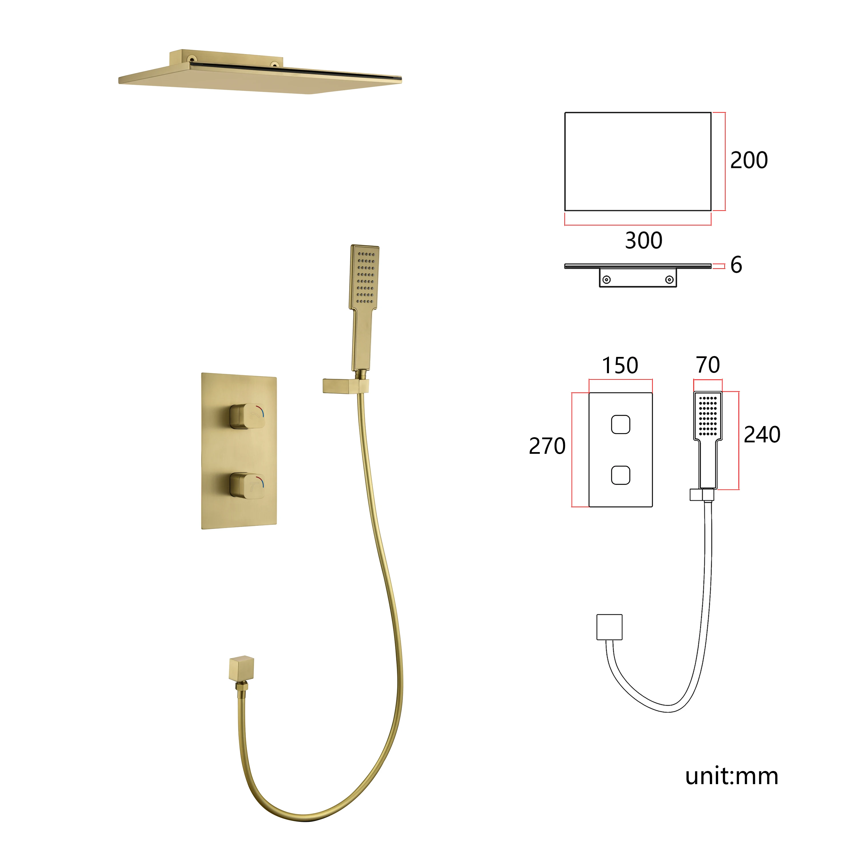 Silver Concealed Wall-Mounted Shower Set, Full Copper Material, Waterfall Flow, Hot and Cold Switch